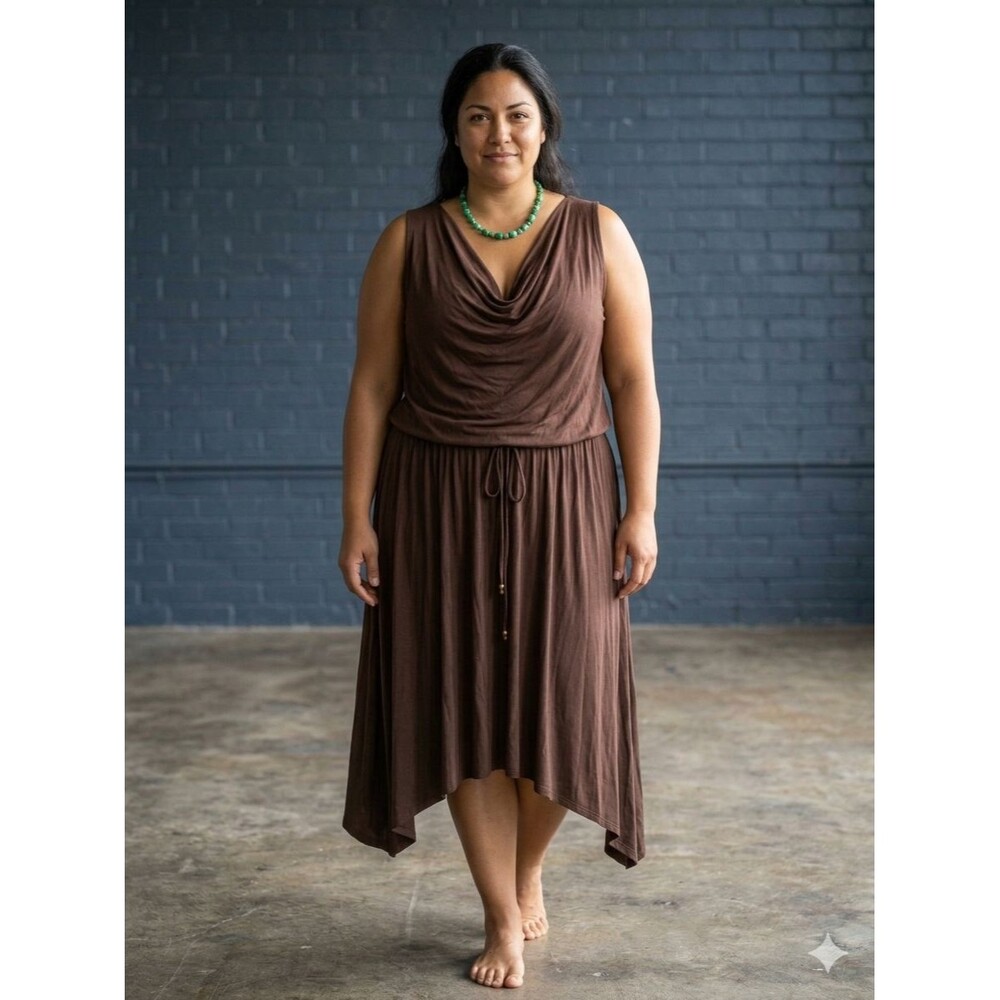 Pullover Midi Dress Womens Size 2X Brown Cowl Neck Crochet Lace Back Sleeveless